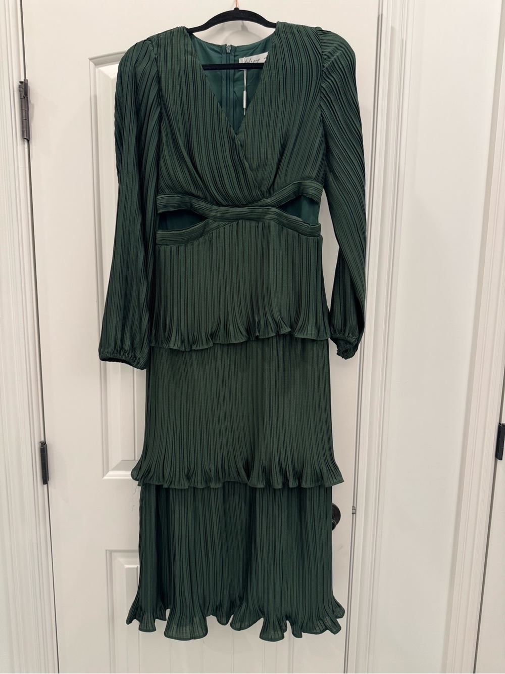 Petal & Pup Dark Green Pleated Tiered Midi Dress with Cutouts